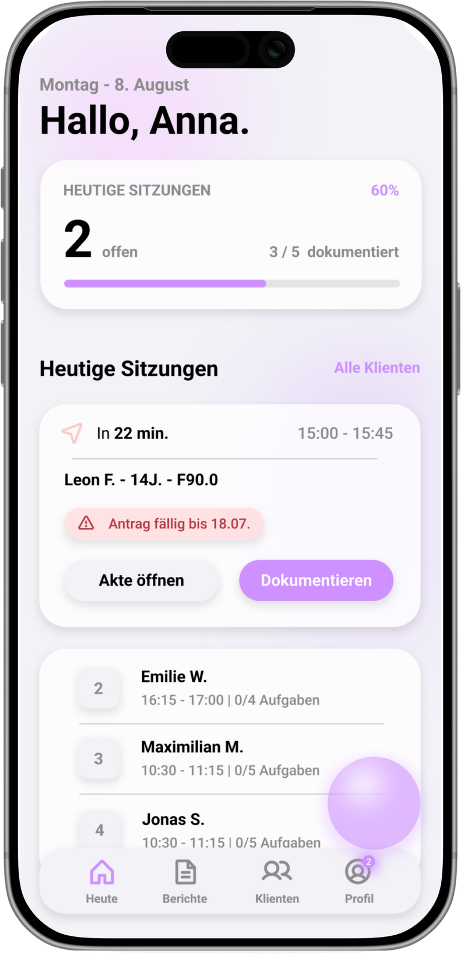 JuvoFlow App – Tagesübersicht mit Sitzungen und Aufgaben